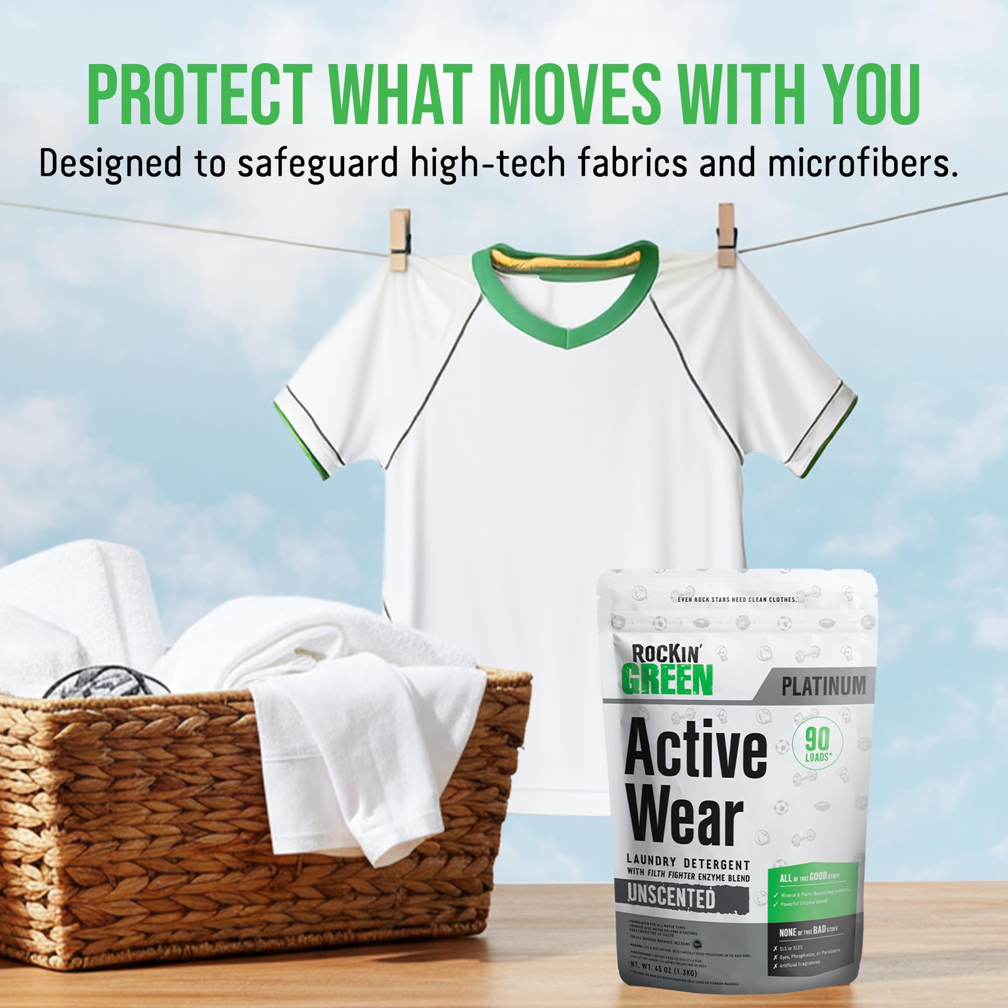 Rockin' Green | Detersivo per bucato Active Wear | 1.275,7 g/90 carichi, tutto naturale, biodegradabile ed ecologico