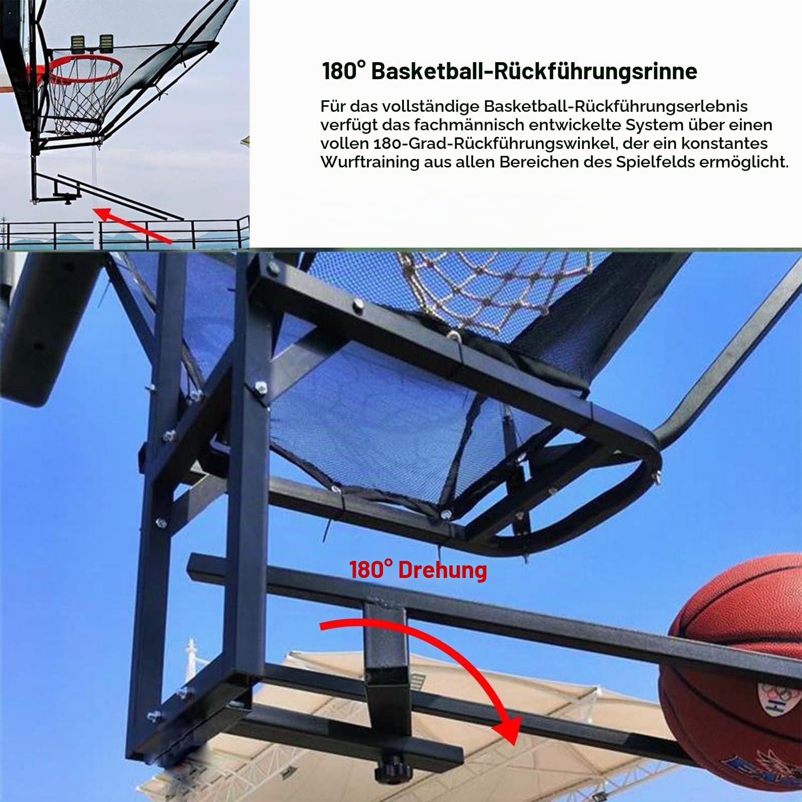 Basketball Rebounder Rücklaufsystem Hängende schwarze Basketball-Schuss-Trainingshilfe, Einfach einzurichtende Basketball-Schussrückgabevorrichtung aus Metall, 180° drehbares Schießübungs-Basketball-R