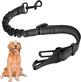 OSDUE Cinturón de Seguridad Coche para Perros, 70cm-90cm Arnés de Seguridad Ajustable y Elástico para Mascotas Doble Eng...
