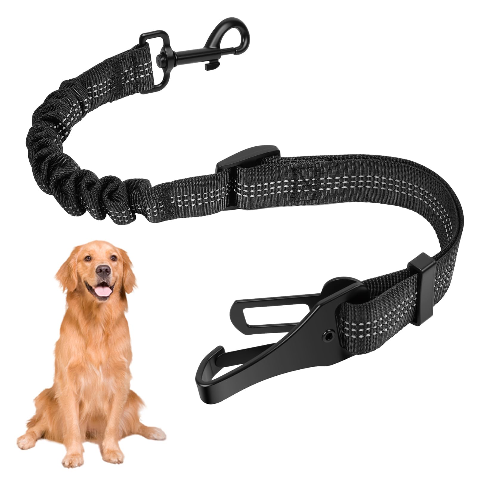 OSDUE Dog Seat Belt, 3-in-1 Adjustable Reflective Dog Car Harness, Pet Safety Belt with Clip Hook Latch & Seatbelt Buckle, Anti Shock Elastic Nylon Bungee Buffer Pet Seatbelt,Black