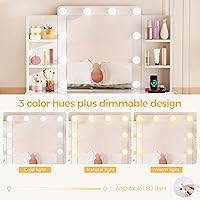 Vista 4 de BEWISHOME - Tocador de maquillaje con espejo y luces, mesa de tocador blanca con superficie de vidrio, toma de corriente, taburete, tocador con 9