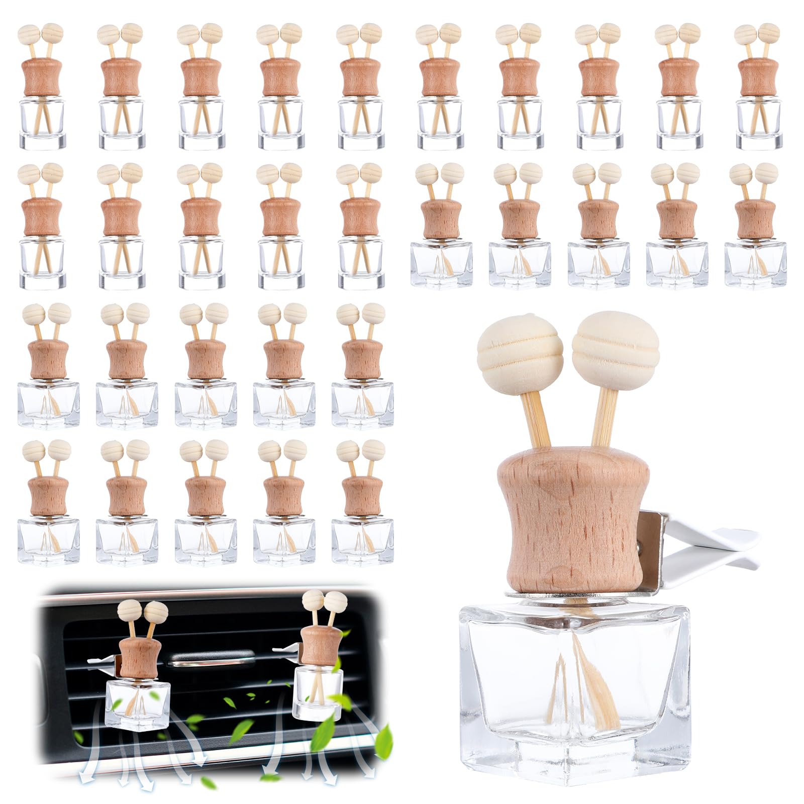 30Pcs Car Air Freshener Diffuser with Vent Clip Bottle, Car Diffuser Vent Clip for Essential Oils, Car Diffuser Bottle Bulk with Vent Clip Wooden Caps