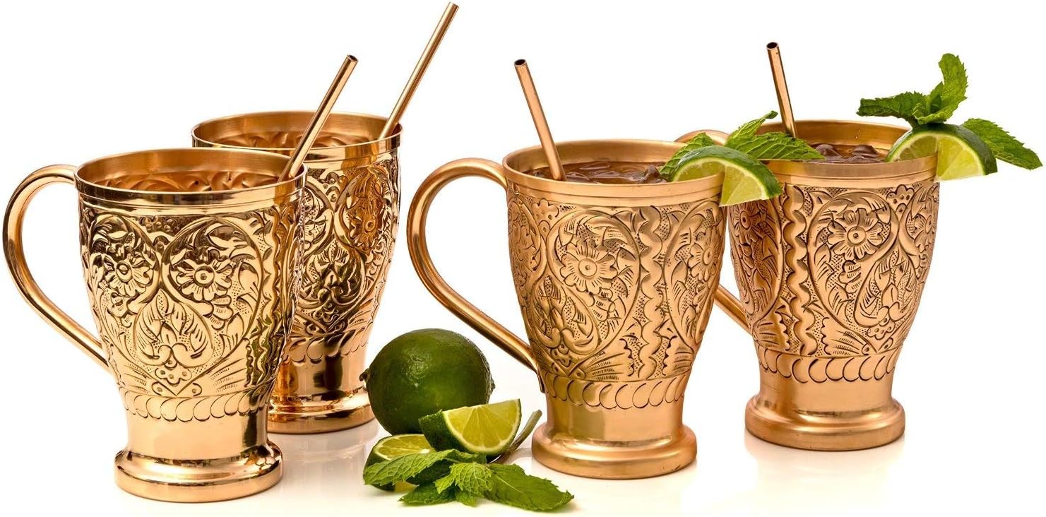 Moscow Mule Pure Copper Mugs - Embossed Set with 4 Matching Shot Glasses - Copper Straws for Cocktails & Recipe E-book Exclusive set of 4