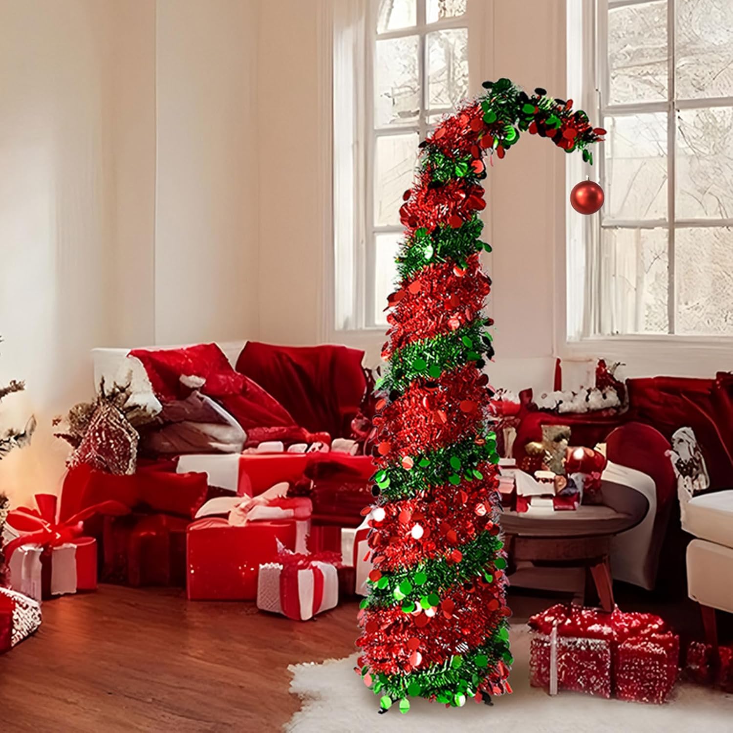 5ft Whimsical Christmas Tree with 50 LED Color Light String Decorations Pop Up Tinsel Tree Red Ball Top Curved Tree for Apartment Porch Indoor Xmas Thanksgiving Halloween Decor(Colorful-Red)