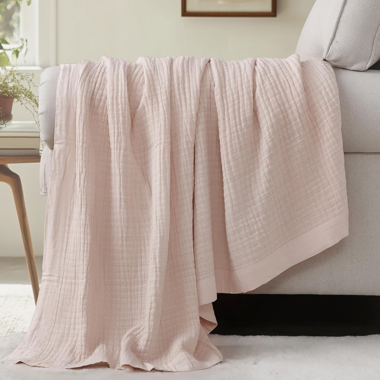 Cotton Muslin Throw Blanket, Breathable and Lightweight Jacquard Muslin Blankets, Ultra Soft Gauze Blanket for Adults, All Season Throw Blankets for Couch Bed Sofa, Pink, 50x60 Inches - Image 2