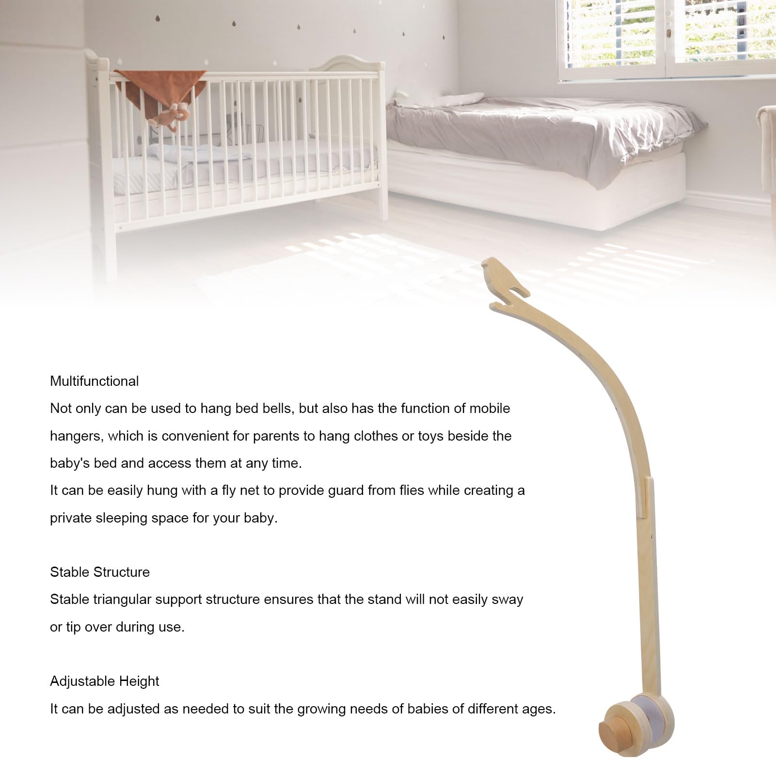 Crib Mobile Arm, Bird Shape Baby Mobile Hanger Crib Stable Height Adjustable Wooden Baby Mobile Holder Anti Slip Attachment Clamp