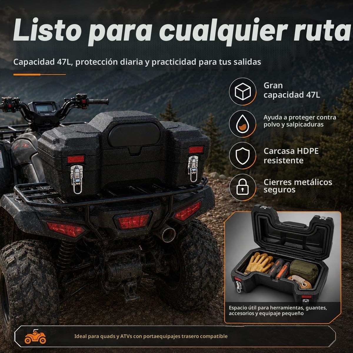 Caja Trasera ATV Quad 47L en HDPE,Baúl Rígido con Respaldo Integrado y Cierres Metálicos,Contenedor para Vehículos con Portaequipajes,75 x 40 x 31 cm,Negro