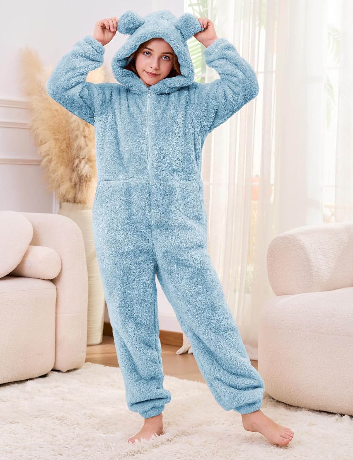 Flygo Girls Fleece Jumpsuits Fuzzy Hooded Rompers Kids Zip up Onesie Romper Costume Warm Winter Clothes 5-14 Years - Image 5