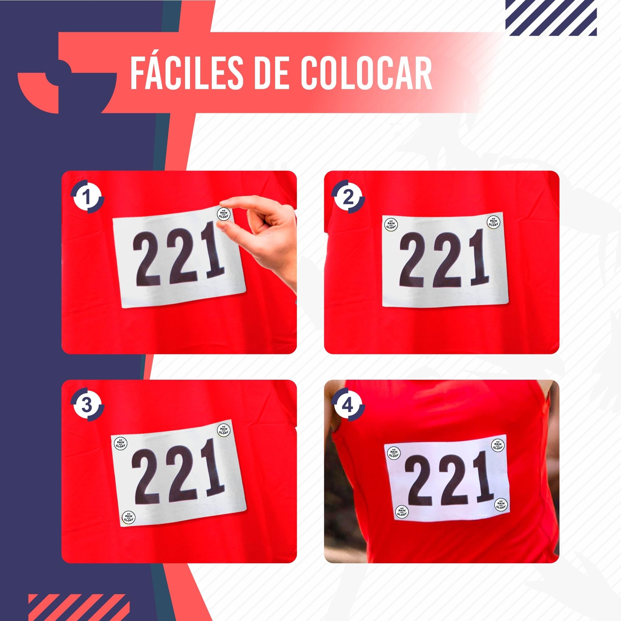 VERY IMPORTANT RUNNER - Pack de 4 Imanes Deportivos con Bolsa Impermeable - Imanes Sujeta Dorsales para Running y Triatlón 18mm - Sujeción Segura Sin Agujeros en la Ropa - Diseño No Pain No Glory — view 5