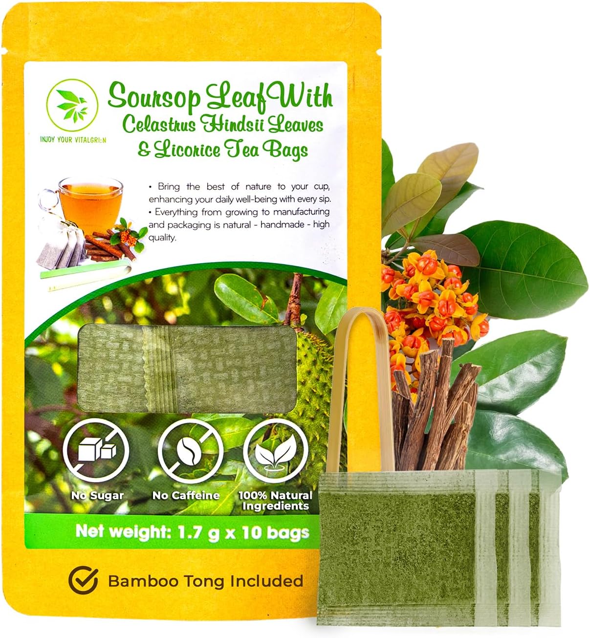 Graviola Soursop Leaf Tea Samplers with Celastrus Hindsii & Licorice - 10 Count + Bamboo Tong, Corn Based Tea Bags, Natural Herbal Tea for Comfort Relax, Re-Steep Hoja De Guanabana