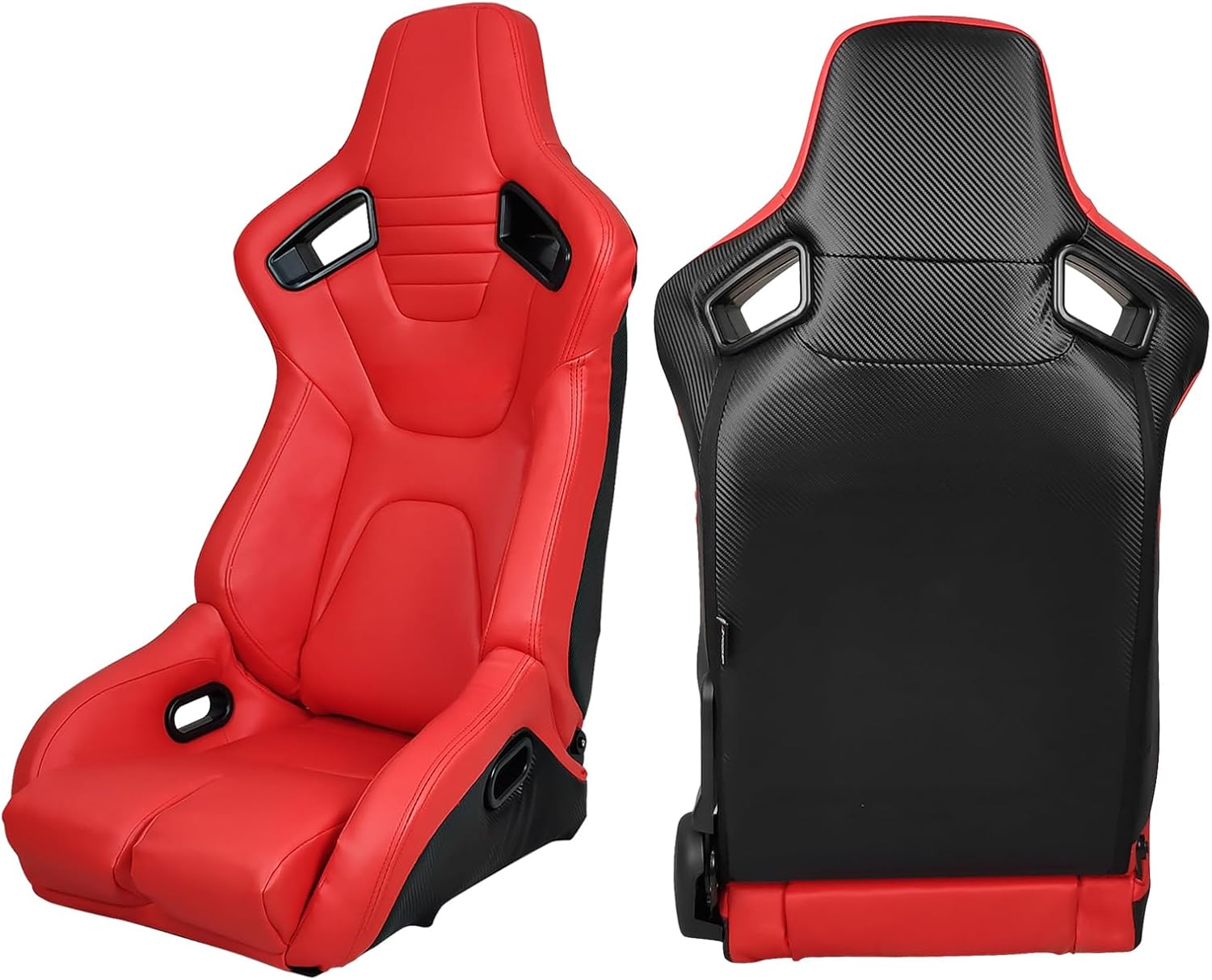 Universal Racing Seat, Adjustable Reclining Bucket Seat with Dual Slider, PU & Carbon Leather Thigh Support Sport Seat for Driver and Passenger Side, 1 Pair, Red