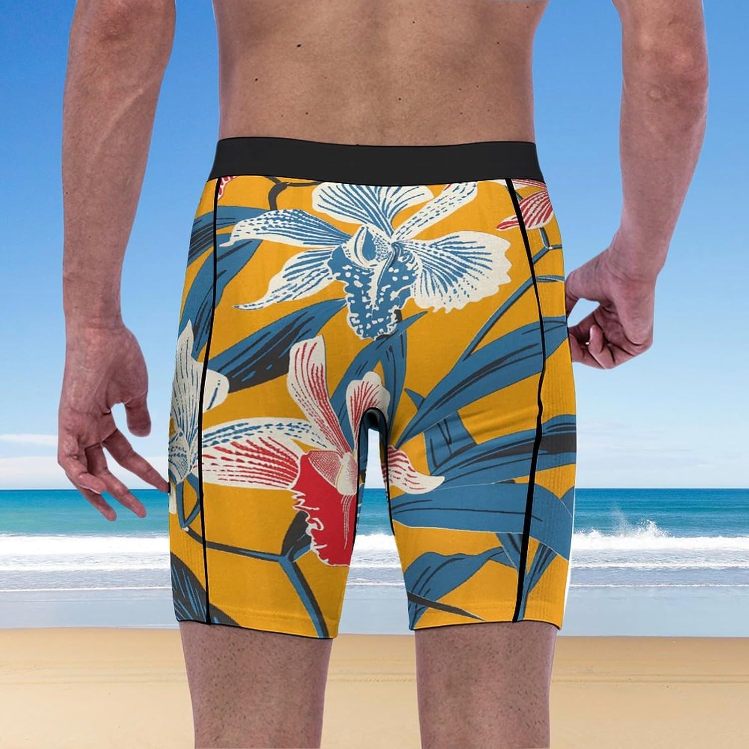 Mustard Yellow Pattern Compression Shorts Men Spandex Sport Shorts Workout Performance Baselayer Underwear