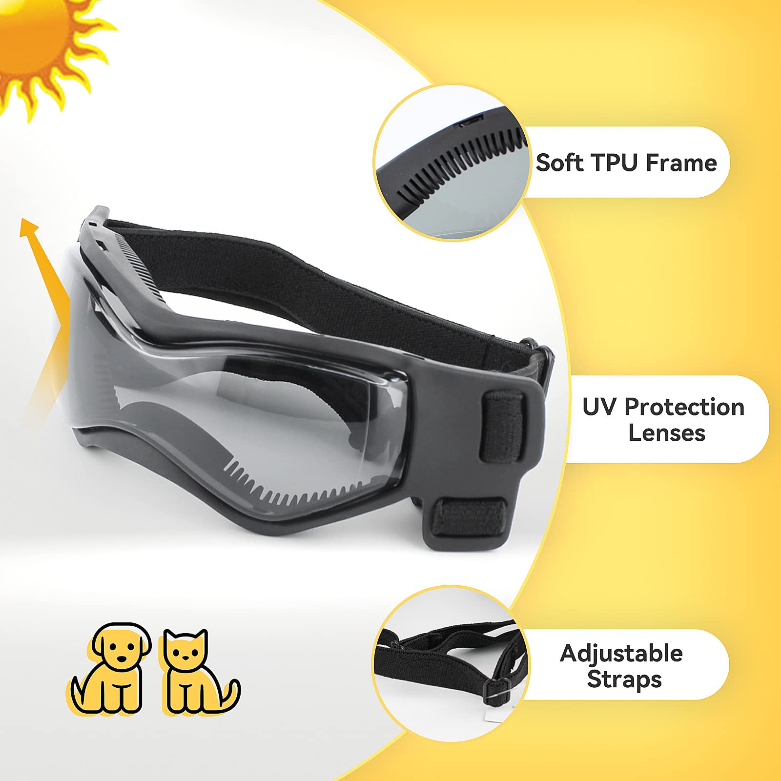 Occhiali da sole per cani per razze extra piccole, protezione UV, antivento, taglia XS, con cinghie regolabili per testa e mento, per auto, escursionismo, viaggi, spiaggia, nero