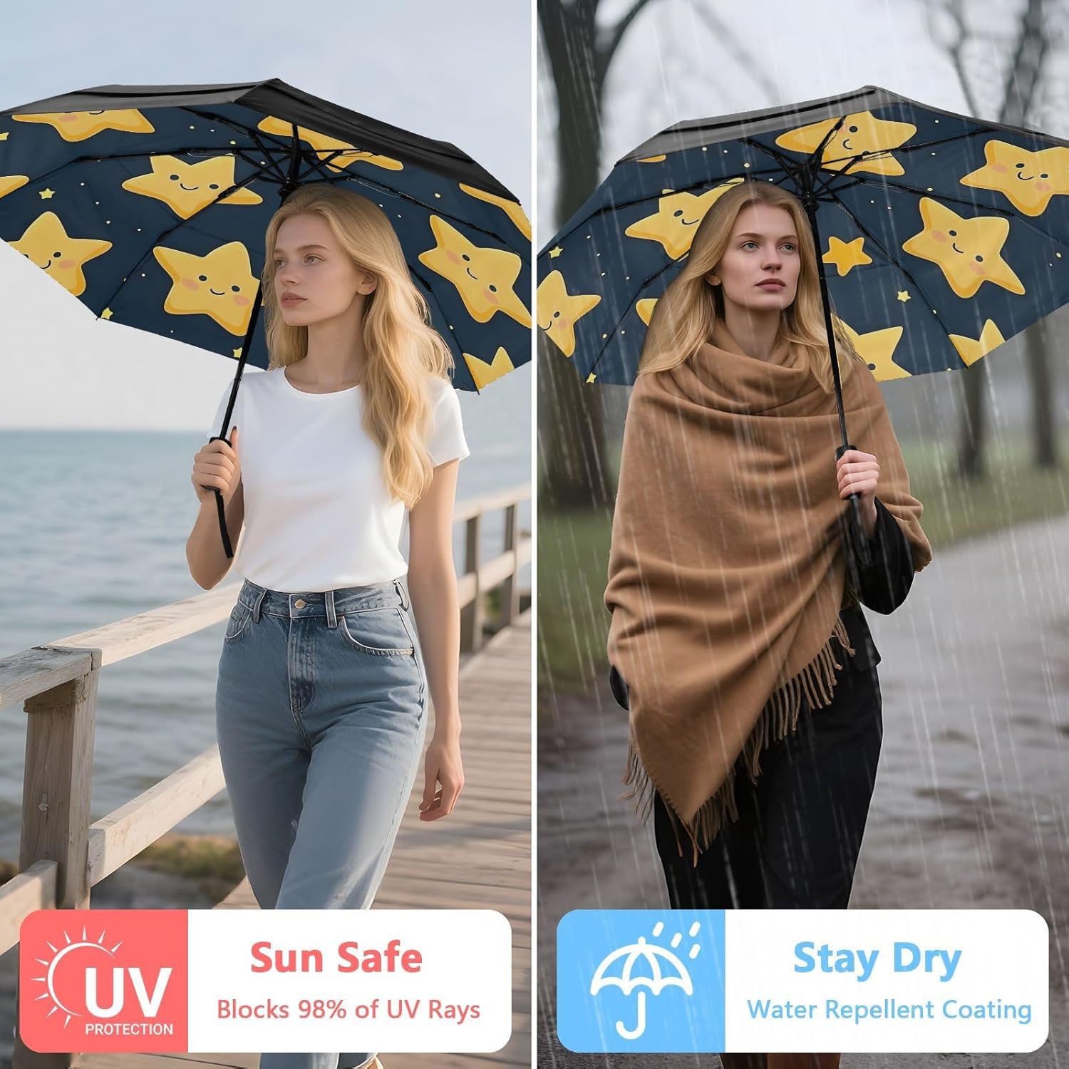 Cute Yellow Star with A Smiley Face Windproof Folding Travel Umbrella Compact Lightweight and Strongest Automatic Foldings Umbrellas for Rain and Sun with Cover Bag for Men and Women 21221059