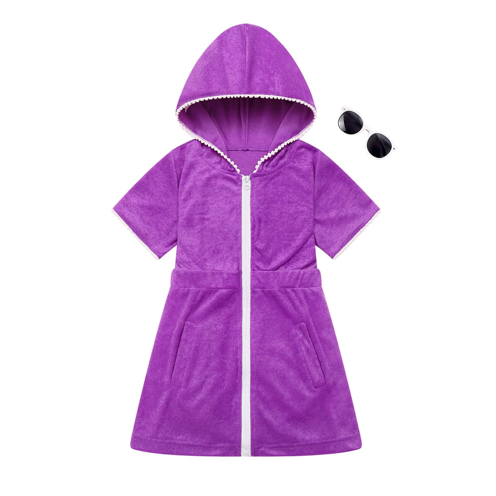 Shekavarld Girls Swim Cover Up Kids Beach Swimsuit Coverup Terry Zip-Up Bathing Suit Beach Pool Clothes with Sunglasses