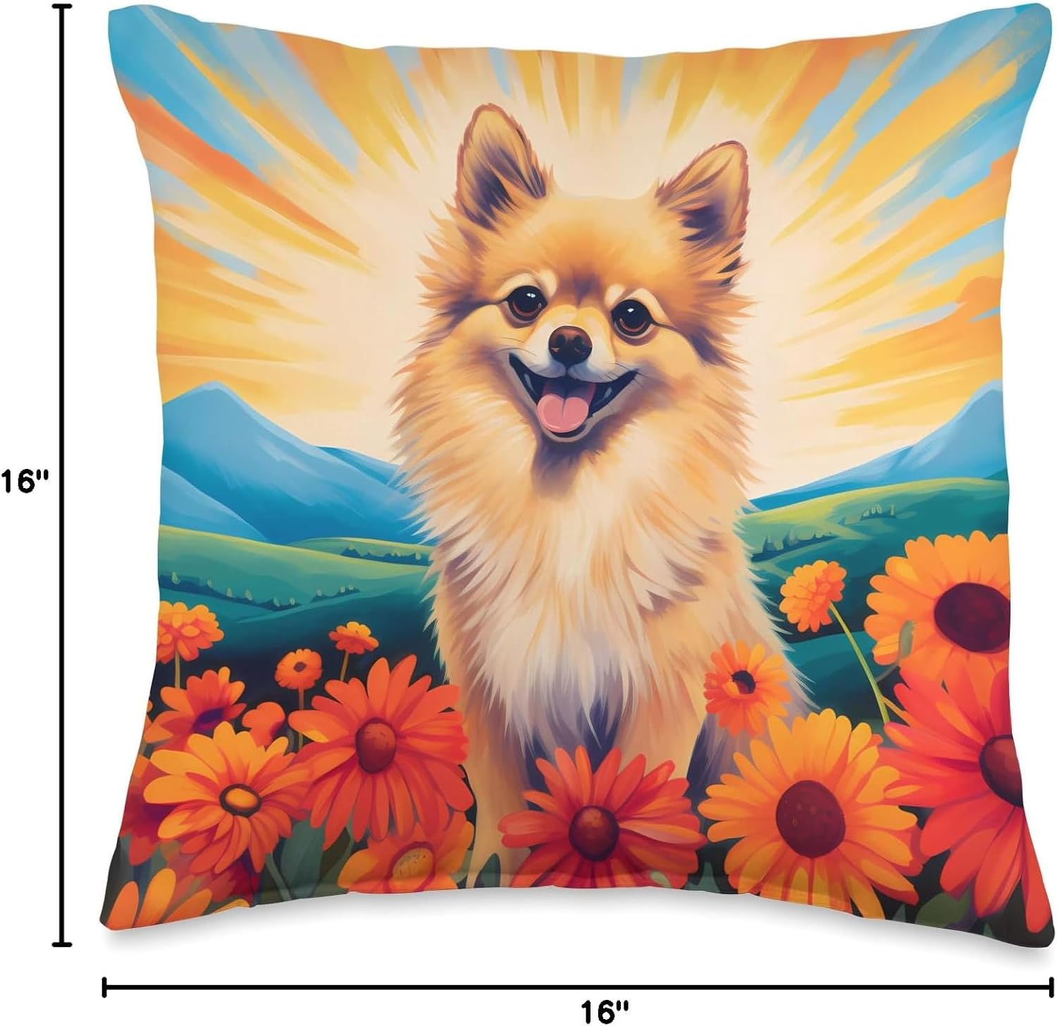 Cute Pomeranian Colorful Flower Mountain Sunset Puppy Dog Throw Pillow