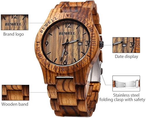 Miniatura 4 de Bewell W086B - Reloj de pulsera para hombre de madera analógico de cuarzo ligero hecho a mano de madera