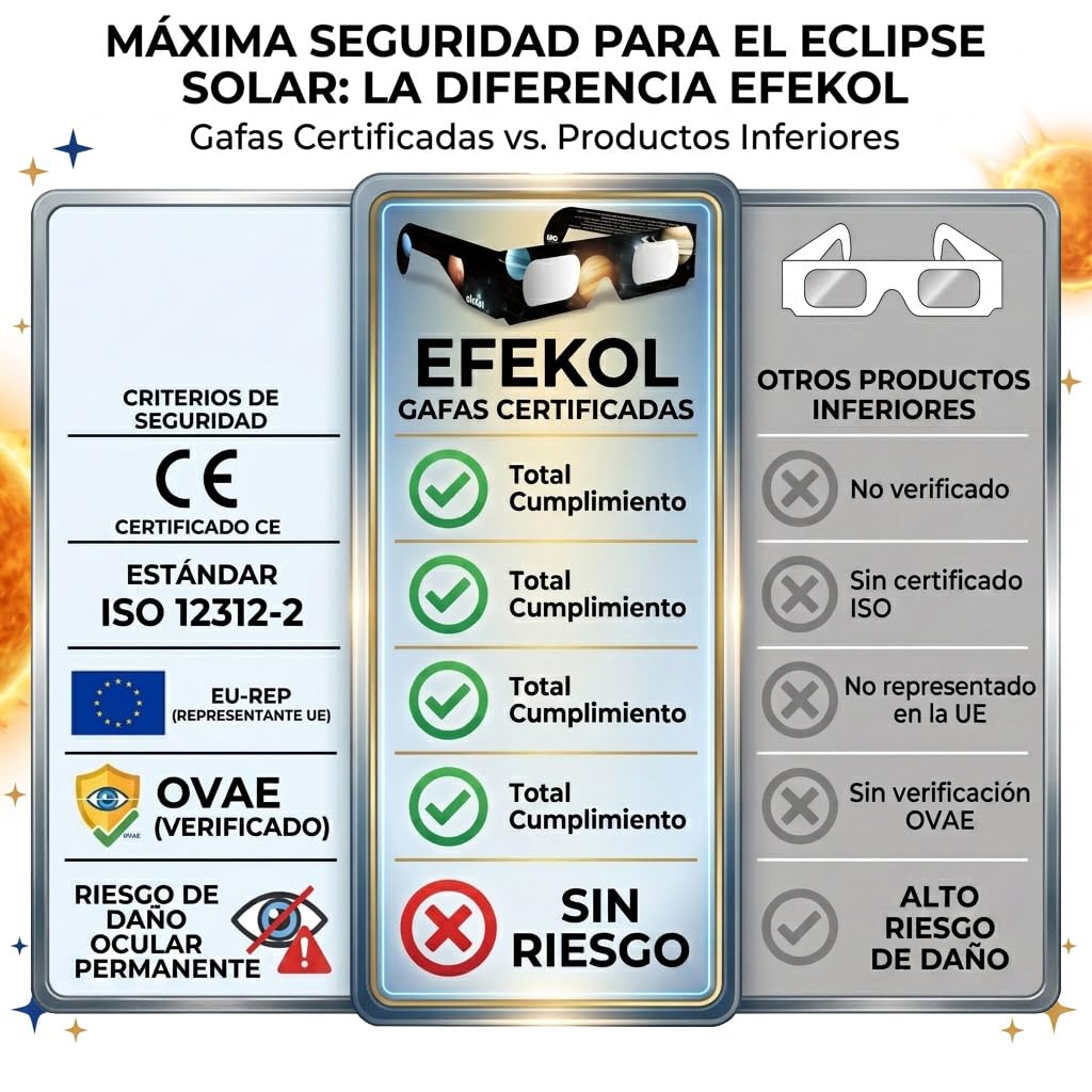 efekol Gafas Eclipse Solar Homologadas (12 Pack) - Certificación CE y EN ISO 12312-2 para Observación Segura del Sol - Eclipse Total 12 de Agosto de 2026 (Total en España, Parcial en Europa)