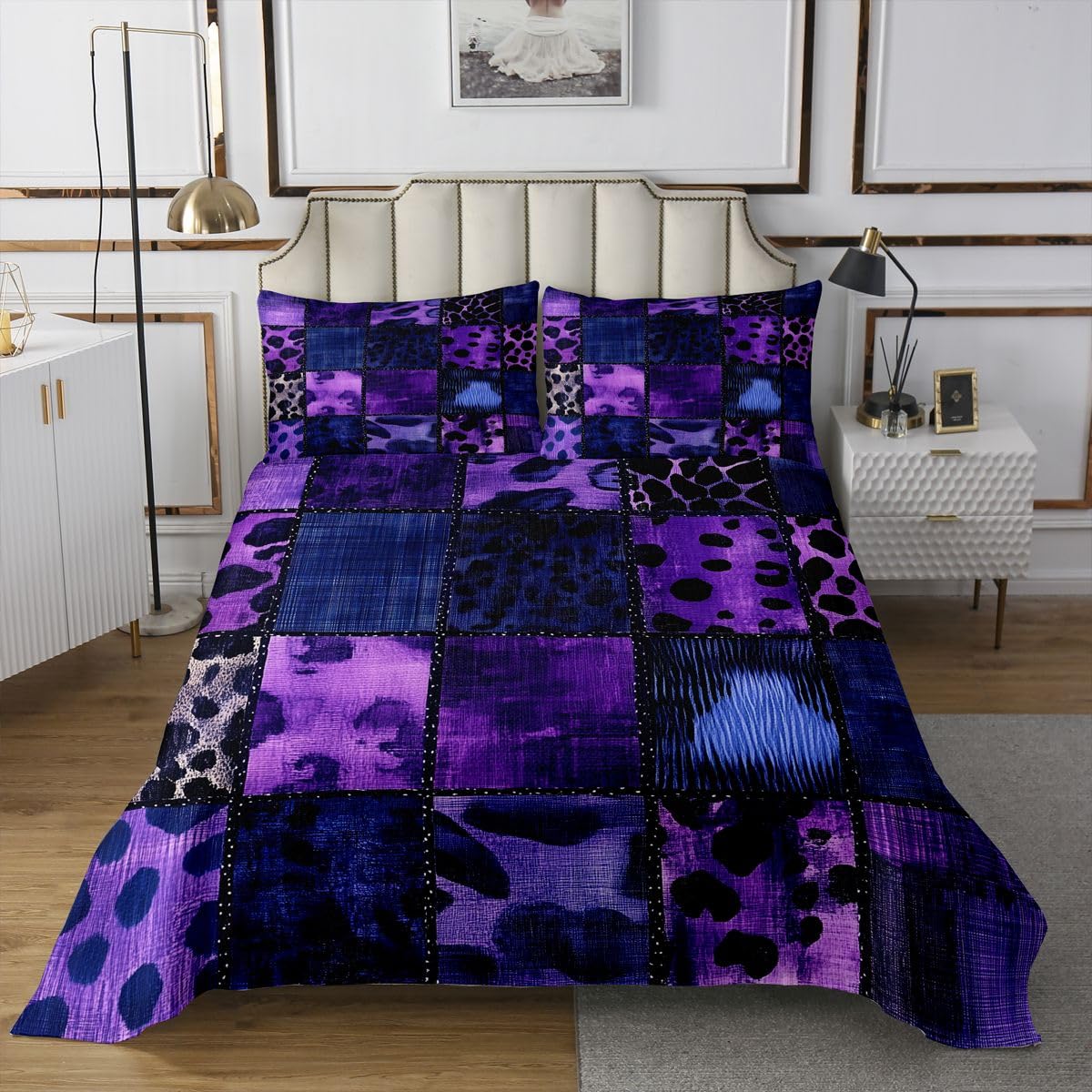 Colcha con estampado de leopardo púrpura tamaño L Patchwork African Wildlife estampado de piel ropa de cama para adultos adolescentes vintage geométrico a cuadros Coverlet 2 fundas de