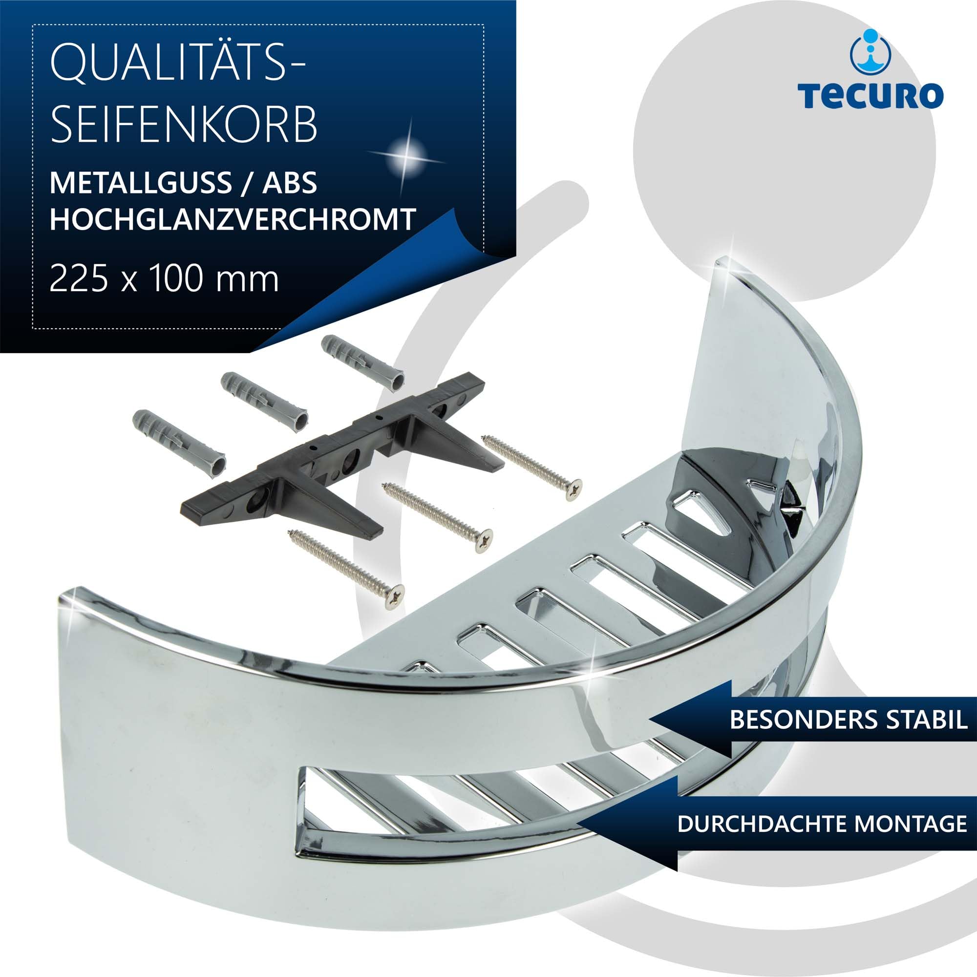 tecuro Design Seifenkorb Schwammkorb halbrund 225 x 100 x 85 mm, hochglanzverchromt