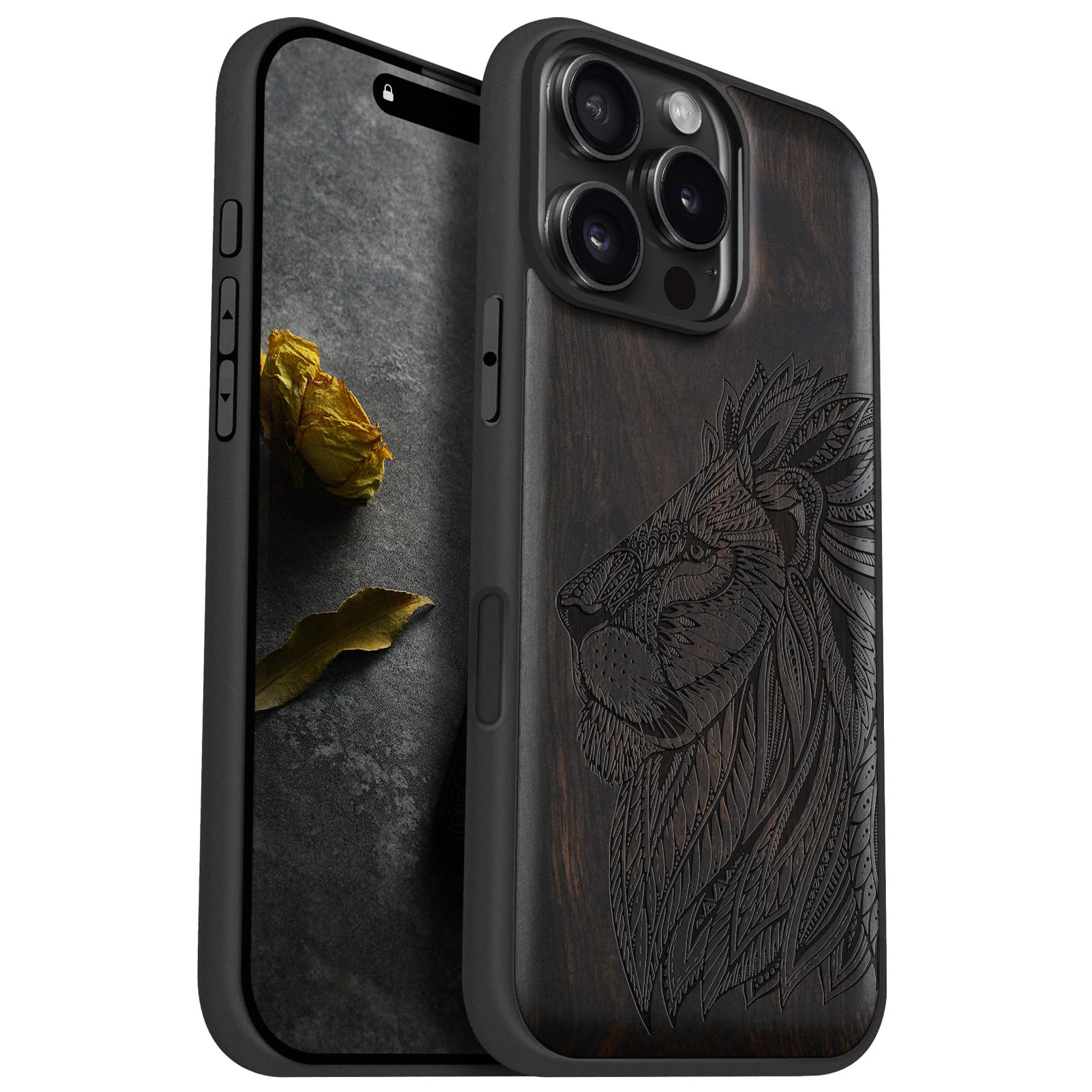Carveit Magnetic Wooden Case for iPhone 16 Pro Max Case, Wood Artisan Engraved & Black Soft TPU Shockproof Cover, Compatible with MagSafe Wireless