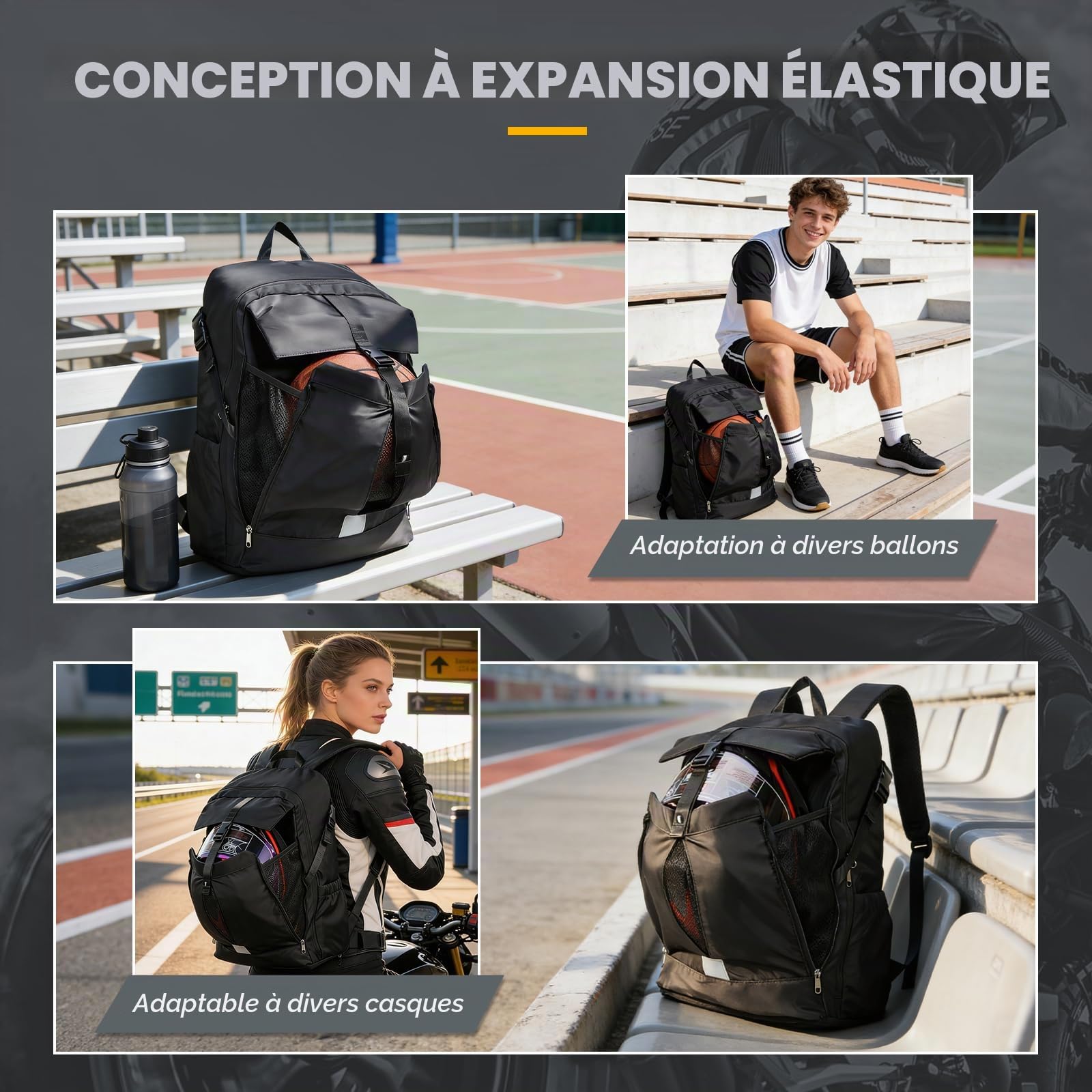 Sac a Dos Moto Homme Femme Sac à Dos Casque Moto étanche pour Voyage Grande Capacité Sac a Dos de Sport de Basketball,Noir