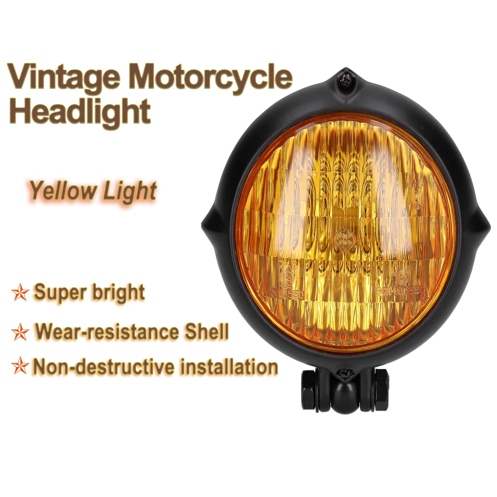 Faro Moto Vintage YUECOOM 12V 35W - Lente Gialla, Anabbagliante/abbagliante, Guscio In Acciaio Nero