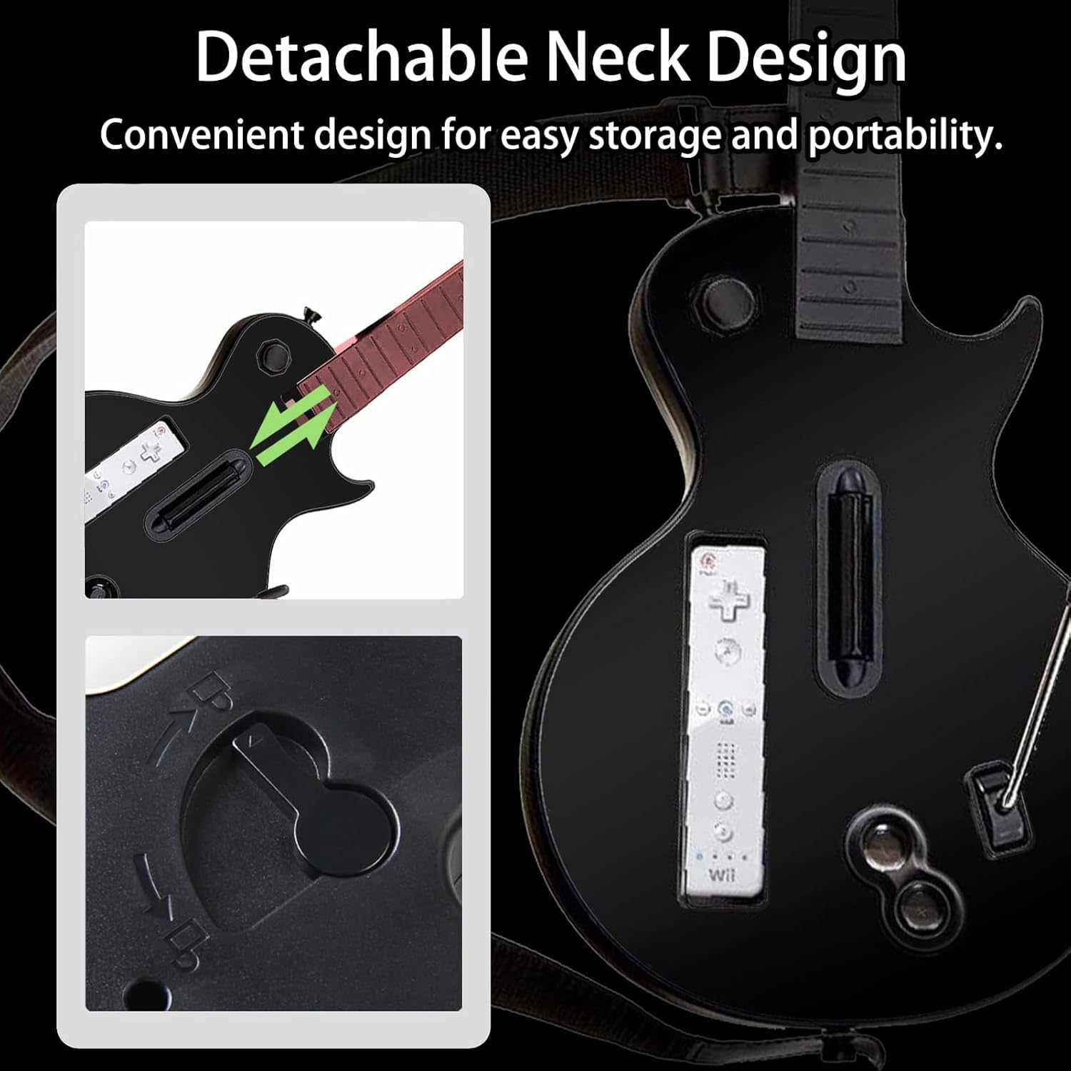 DOYO Guitare Guitar Hero Wii Wireless Noir pour Nintendo Wii Guitar Hero et Rock Band, Guitare Sans Fil Contrôleur de Type Guitare Amovible pour Wii