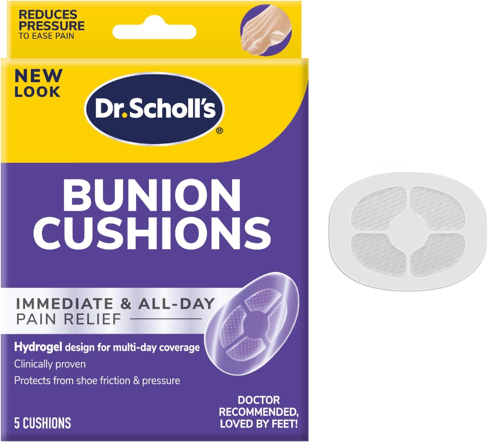 BUNION CUSHION with Hydrogel Technology, 5ct // Cushioning Protection against Shoe Pressure and Friction that Fits Easily In Any Shoe for Immediate and All-Day Pain Relief