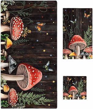 Bath Towel Sets, Mushroom Butterfly Green Leaves on Black Bathroom Towels Soft Hand Towel Washcloth Cotton Towel Set,Absorbent Soft Bath Set for Hotel Beach Pool Brown Wood Towels