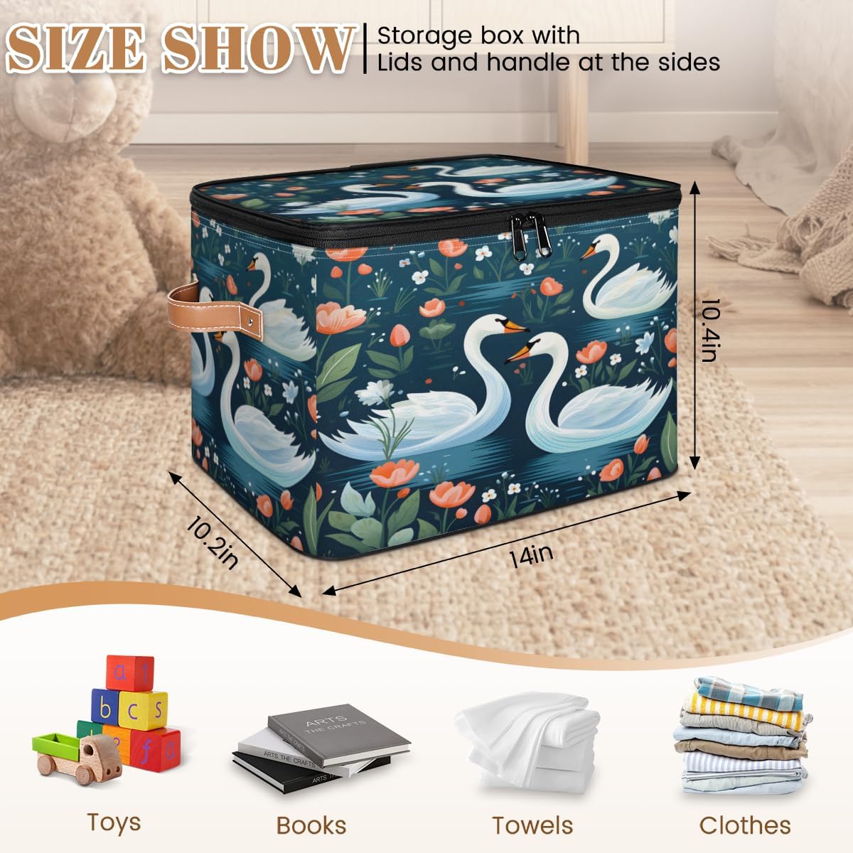 Storage Bin Set of 2 Animal Birds Floral Storage Basket with Zipper Lid & Handle Foldable Closet Shelf 2 Pack Cloth Organizer Basket Cube Bins Clothes Organizer for Nursery, Bedroom