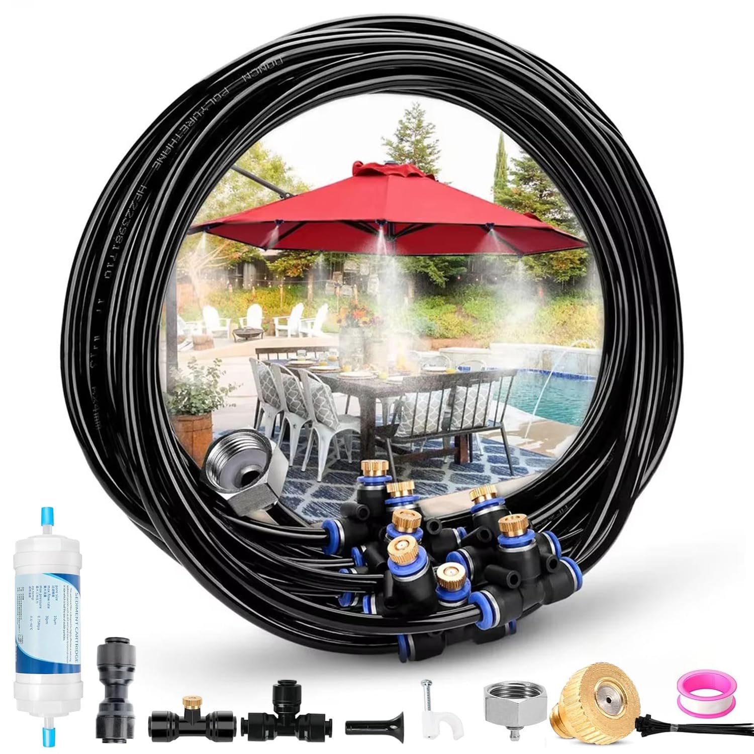 Brumisateur Exterieur Terrasse, Kit de Refroidissement de Pulvérisation, Système de Brumisation Extérieur Réglable, par Brouillard pour Jardin, Serre, Parasol (18M)