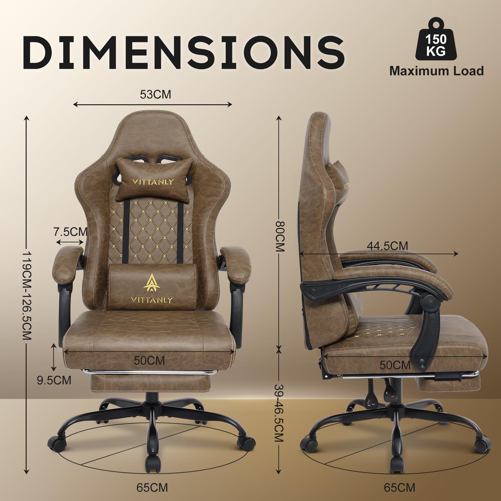 Vittanly Sedia da gioco con cuscino primaverile, ergonomica, per gaming, con poggiatesta, cuscino lombare e poggiapiedi, regolabile in altezza, sedia da gioco, sedia da ufficio, 150 kg, marrone