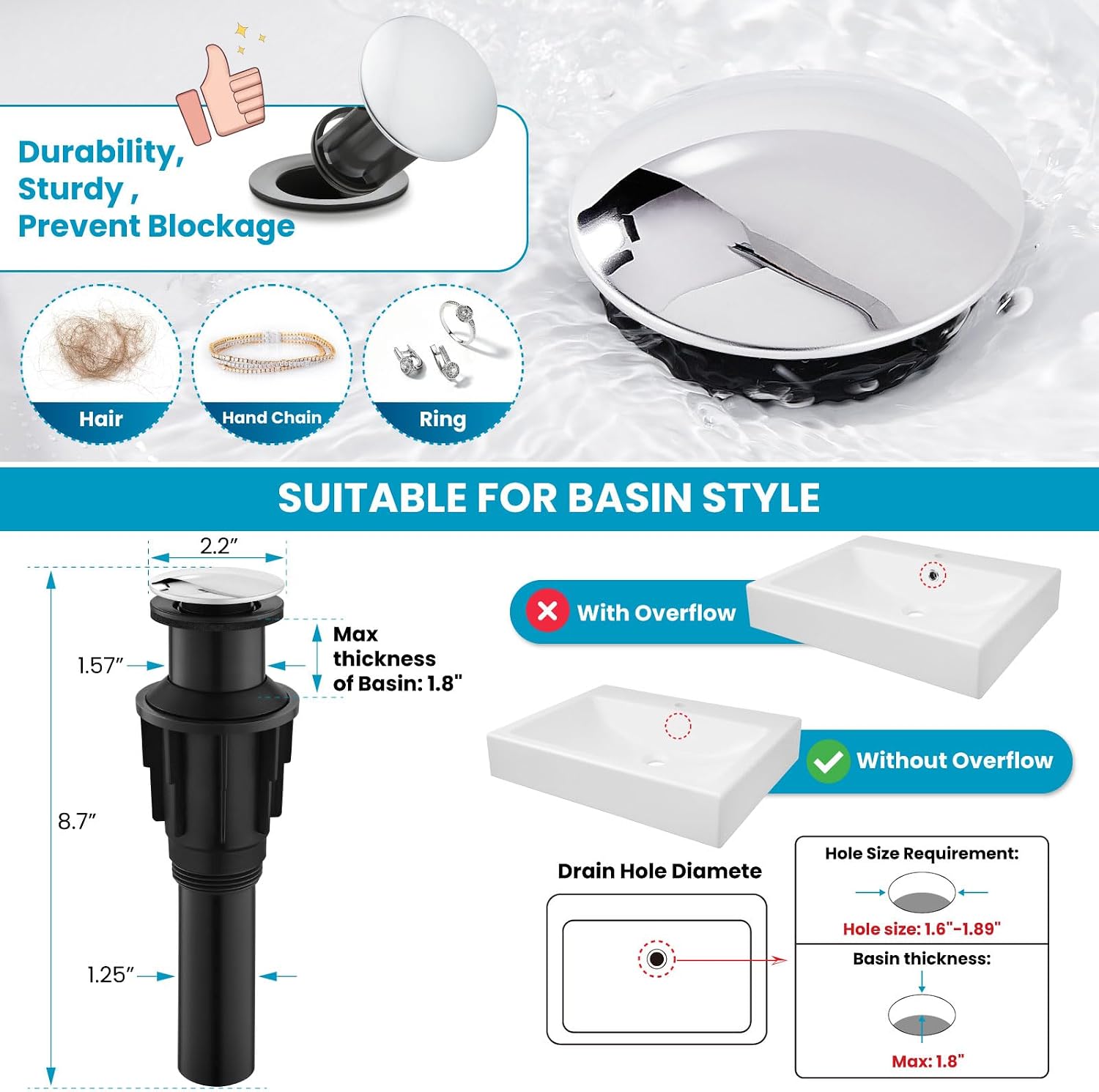 gotonovo Vessel Sink Faucet Modern Bathroom Faucet 1 Hole Deck Mount Lavatory Vanity Single Handle Mixer Tap with Water Supply Hoses and ABS Pop Up Drain Without Overflow, Polish Chrome