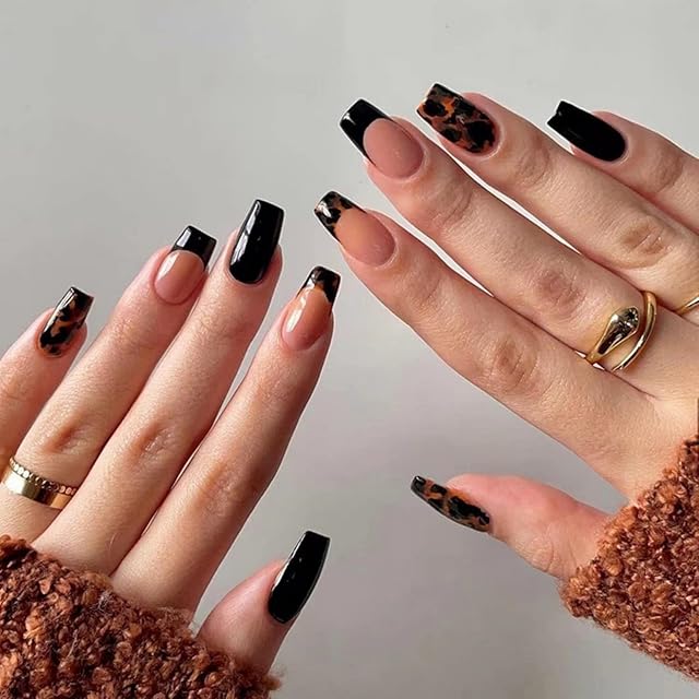 JUSTOTRY 24 Pcs Fake Nails Long, Glossy Black French Press on Nails Patterns, Pretty Nude Ballerina Stick on Nails for Women, Acrylic Coffin False Nails Medium with Glue for Nail Art