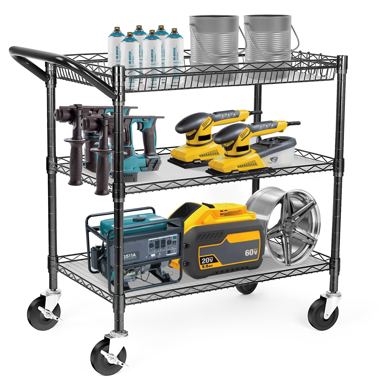 WDT Carrito utilitario resistente de 3 niveles, carrito rodante de alambre con ruedas, carrito de servicio de grado comercial con forros de estantería y barra de mango, carros de metal para accesorios