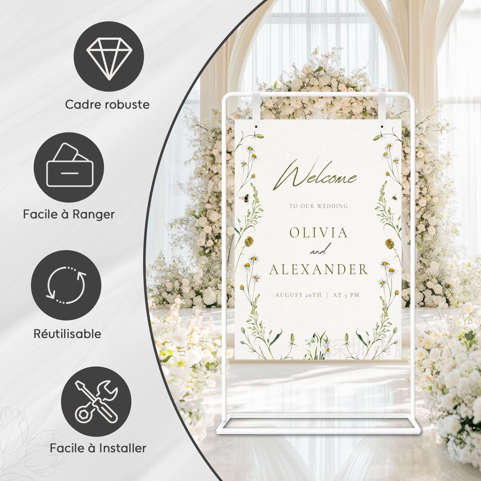 Support de panneau de mariage, 173x80x50cm, Support d'affiche de mariage réglable avec 4 sangles en cuir, adapté au plan de table, à la réception, aux affiches et à la décoration (Blanc)