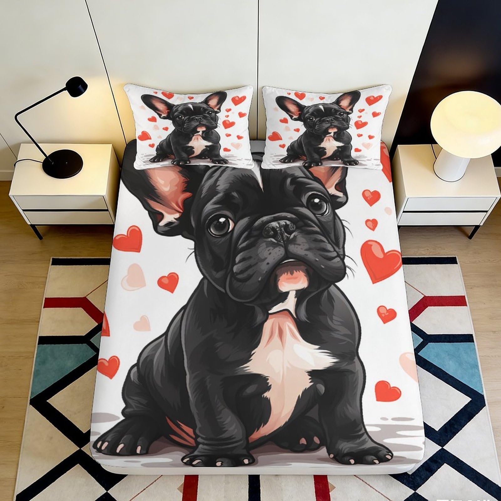 3D Printed French Bulldog Fitted Sheet Microfiber Soft Breathable Puppy Heart Bed Cover for Bedroom Dormitory Guest Room Mattress Protection Decor 140x200x25cm