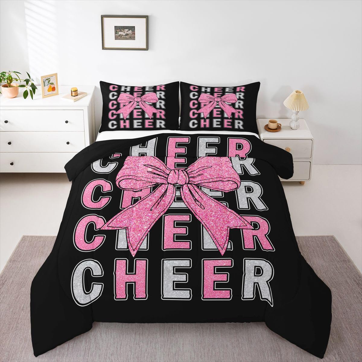 Feelyou Pink Bowknot Cheer Comforter Set All Season Cheerleading Bedding Set with 2 Pillow Cases Glitter Cheerleader Microfiber Kids Queen Bedclothes Cheer Bow Bedroom Decor Duvet Quilt Soft