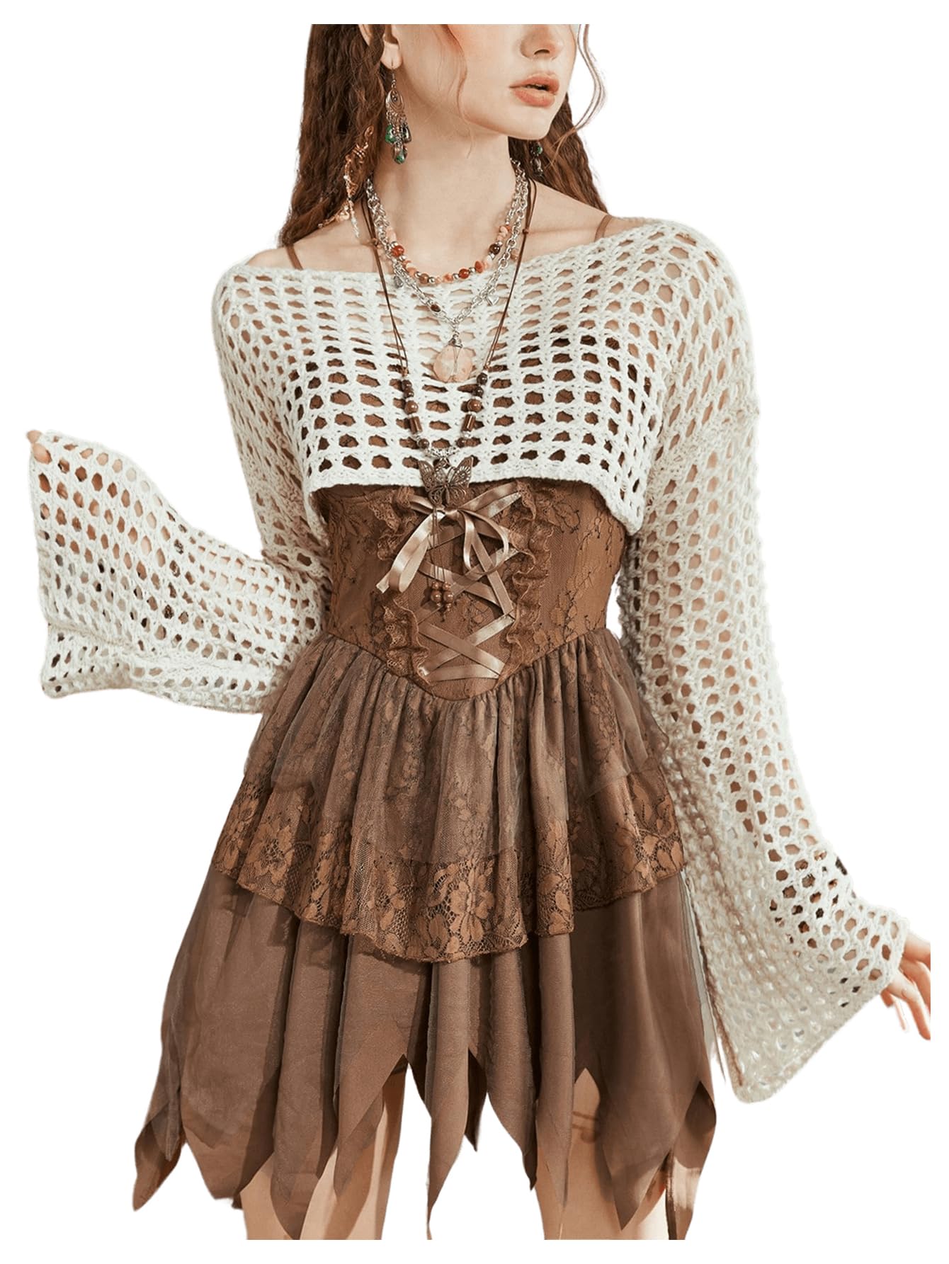 SHENHE Women's Crochet Shrug Hollow Knit Bolero Shrugs Sweater Crop Top Y2K Bell Sleeve Sweater