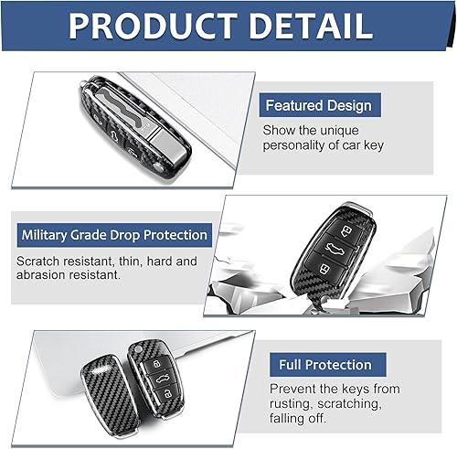 Miniatura 5 de T-carbon - Funda de fibra de carbono real para llavero con cordón, funda protectora para llave T-carbon para Audi A1 A3 A4 A6 A8 Quattro Q2 Q7 R8