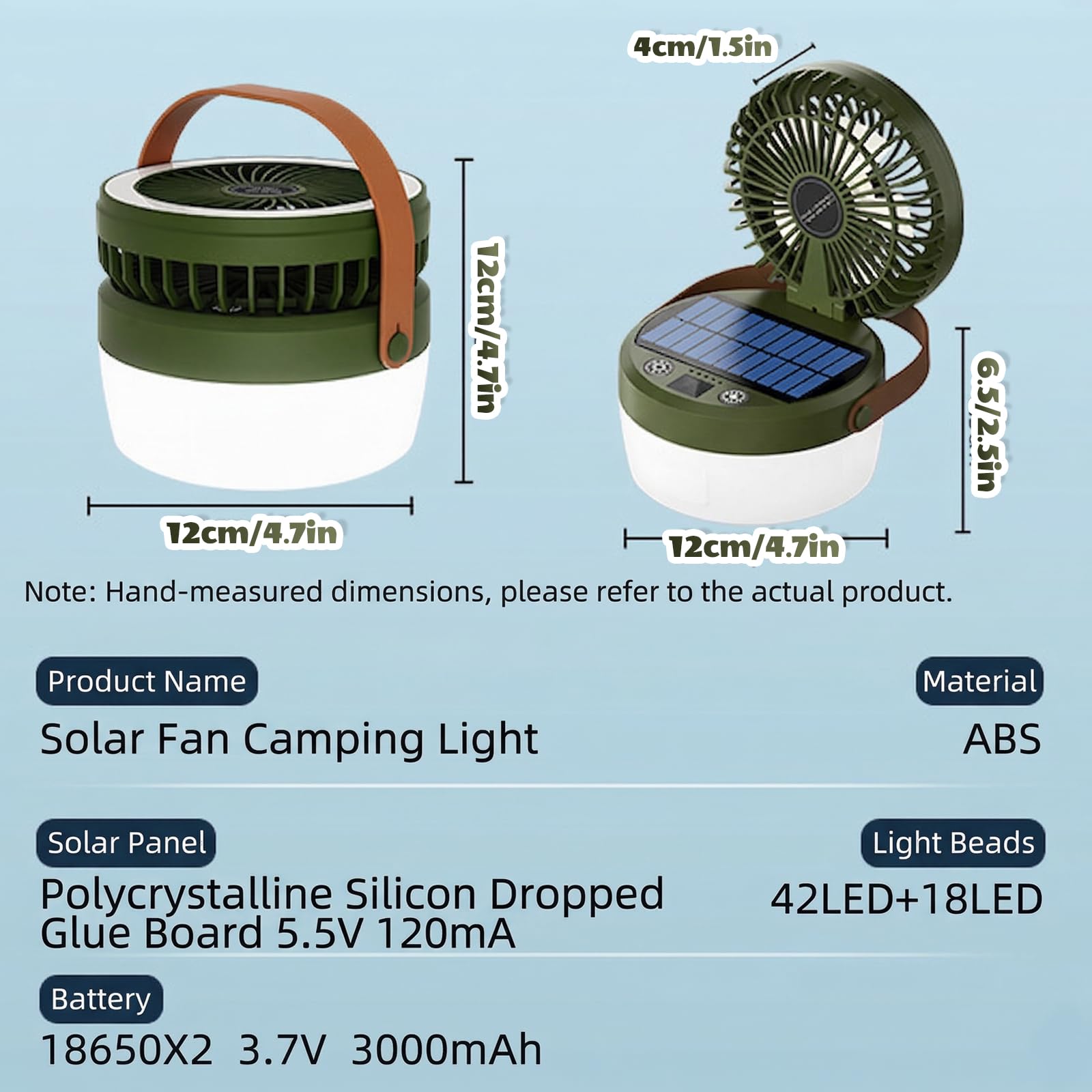 Ventilateur de Camping avec Lumière, Ventilateur Solaire et Portable, Lampe de Camping Solaire Avec ventilateur, 4 Modes d'éclairage, 3 Vitesses, Pour Camping, Aventure, Pêche, équipement d'urgence