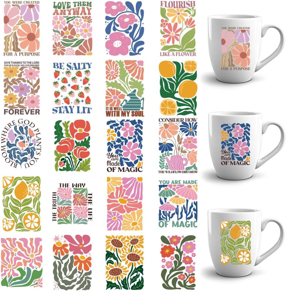 20 Pcs UV DTF Cup Wrap Transfer Stickers for 16OZ Glass Cups, 1.6x2.2 Inch Flower Printing Rub on Wraps Boho Theme Cartoon Waterproof Iron on Decals for Cups Furniture DIY Crafts