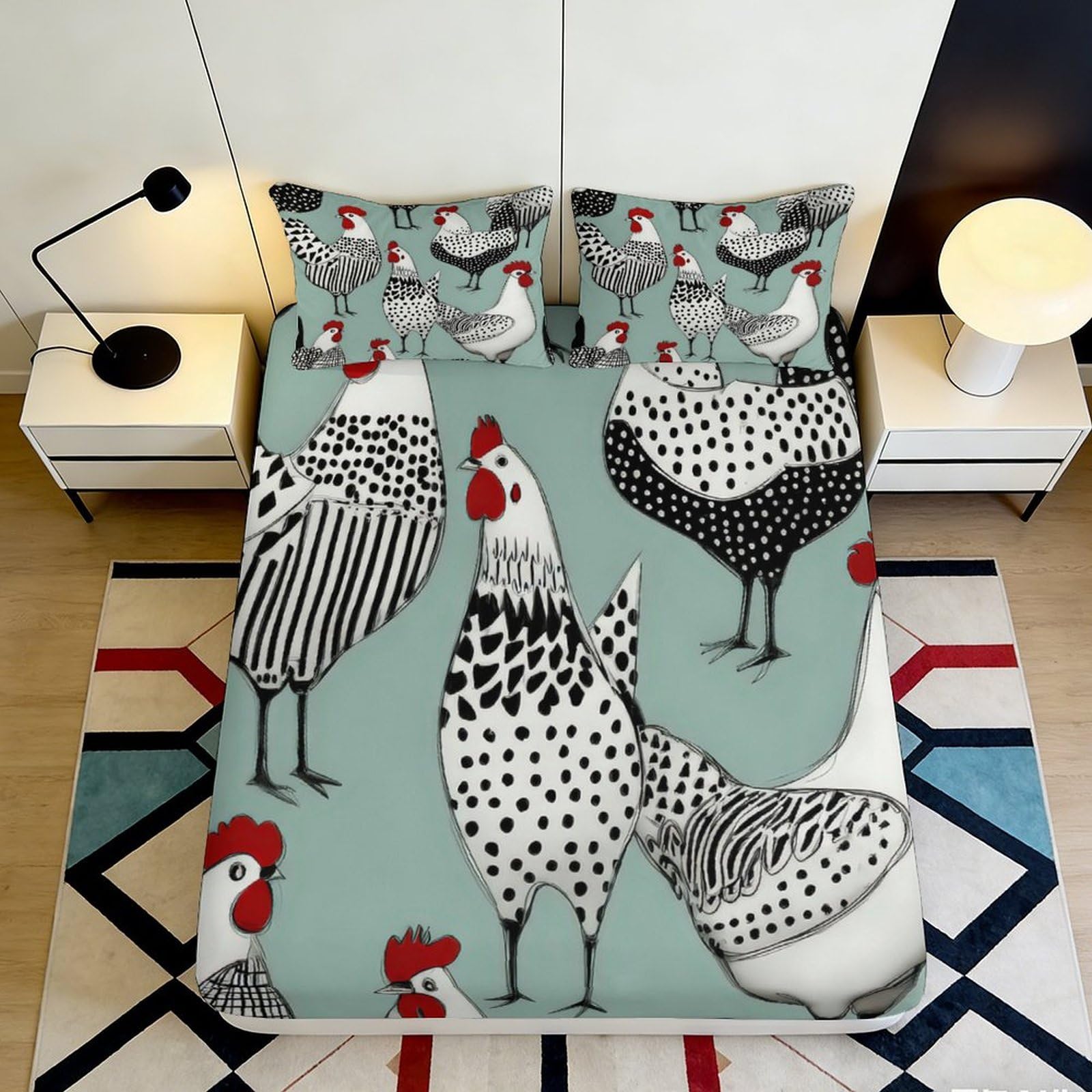 3D Printed Chicken Pattern Fitted Sheet Microfiber Soft Breathable Rooster Design Mattress Cover for Bedroom Dormitory Guest Room Mattress Protection Decor 140x200x25cm