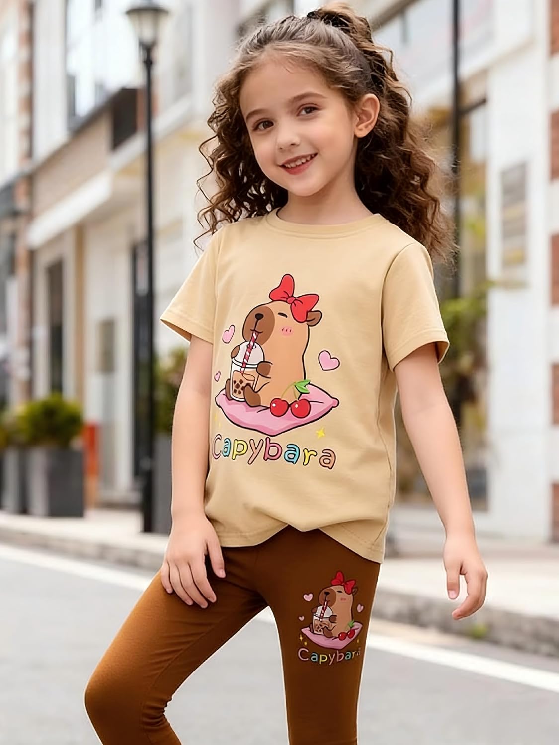 Girls 2 Piece Outfits -Spring Short Sleeve Graphic Top &Leggings Cherry/Capybara/Heart with for 6-14 Years image 2