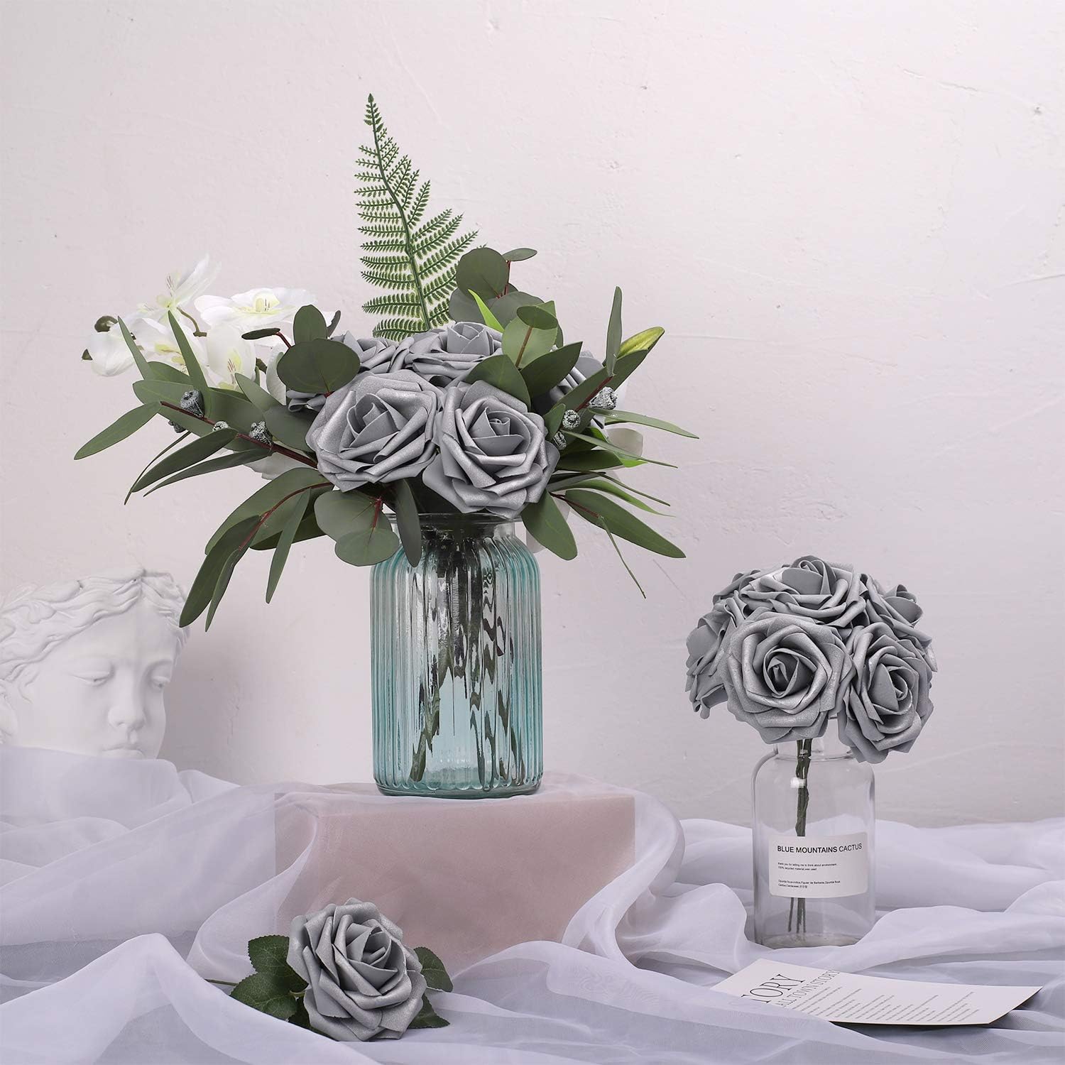 HOHOTIME Large Artificial Flowers 42pcs, 3.75 inches Real Touch Roses, Foam Roses with Leaves and Stems for Decoration Crafts Wedding DIY Bridal Shower Party Home Decor
