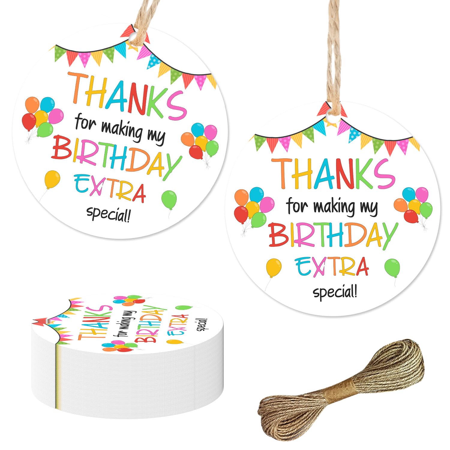 It's My Birthday Thank You Gift Tags, 50Pcs Colorful Flag Balloons Thank You Party Favor Tags with String Thanks for Making My Birthday Extra Special Labels, Birthday Party Thanks Gift Labels Favors