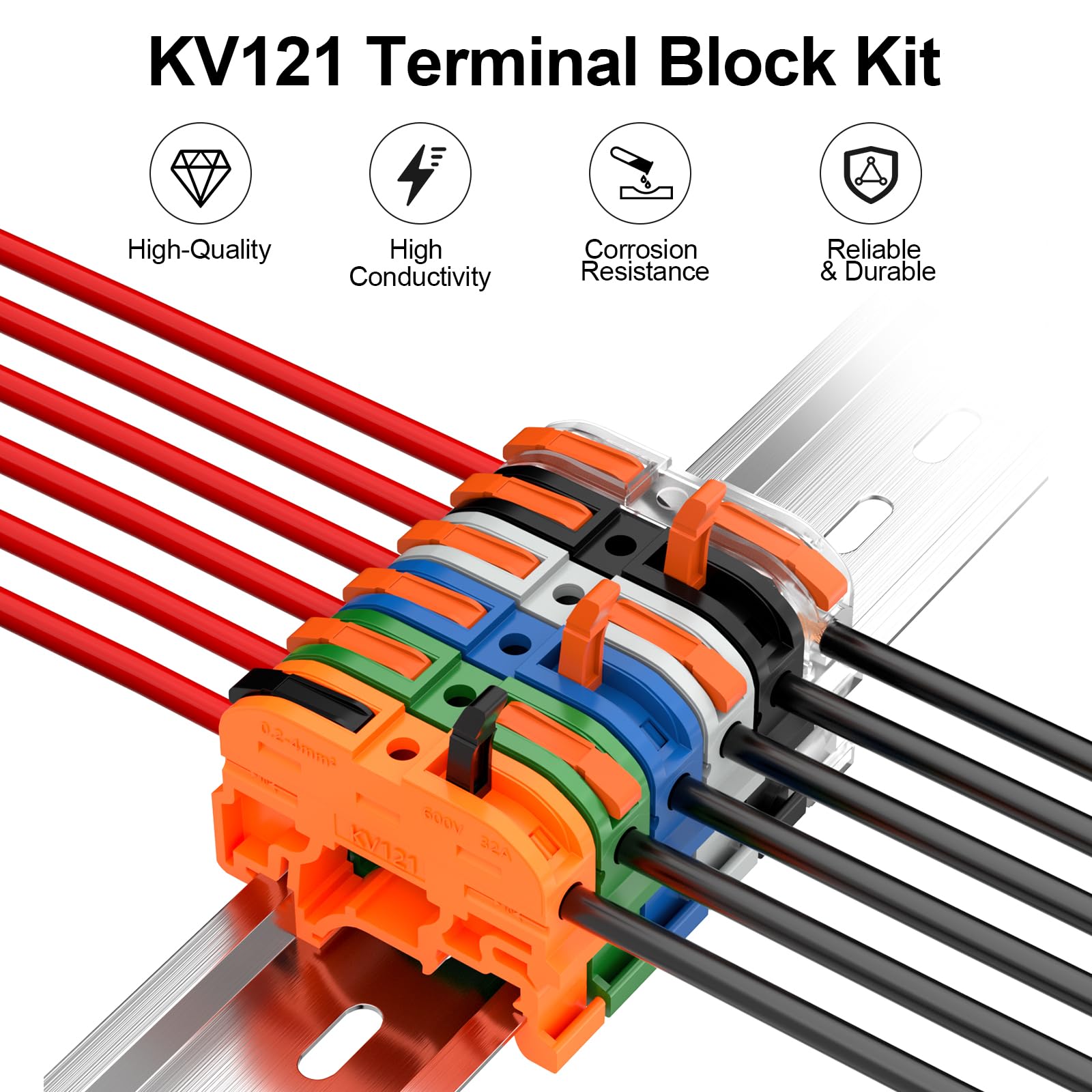 KV121 Zestaw listew zaciskowych 600 V 32 A 24-12 AWG, kompaktowe złącza przewodowe, w zestawie szyna DIN 32 cm, szybkie połączenie, zestaw listew zaciskowych do szyny DIN