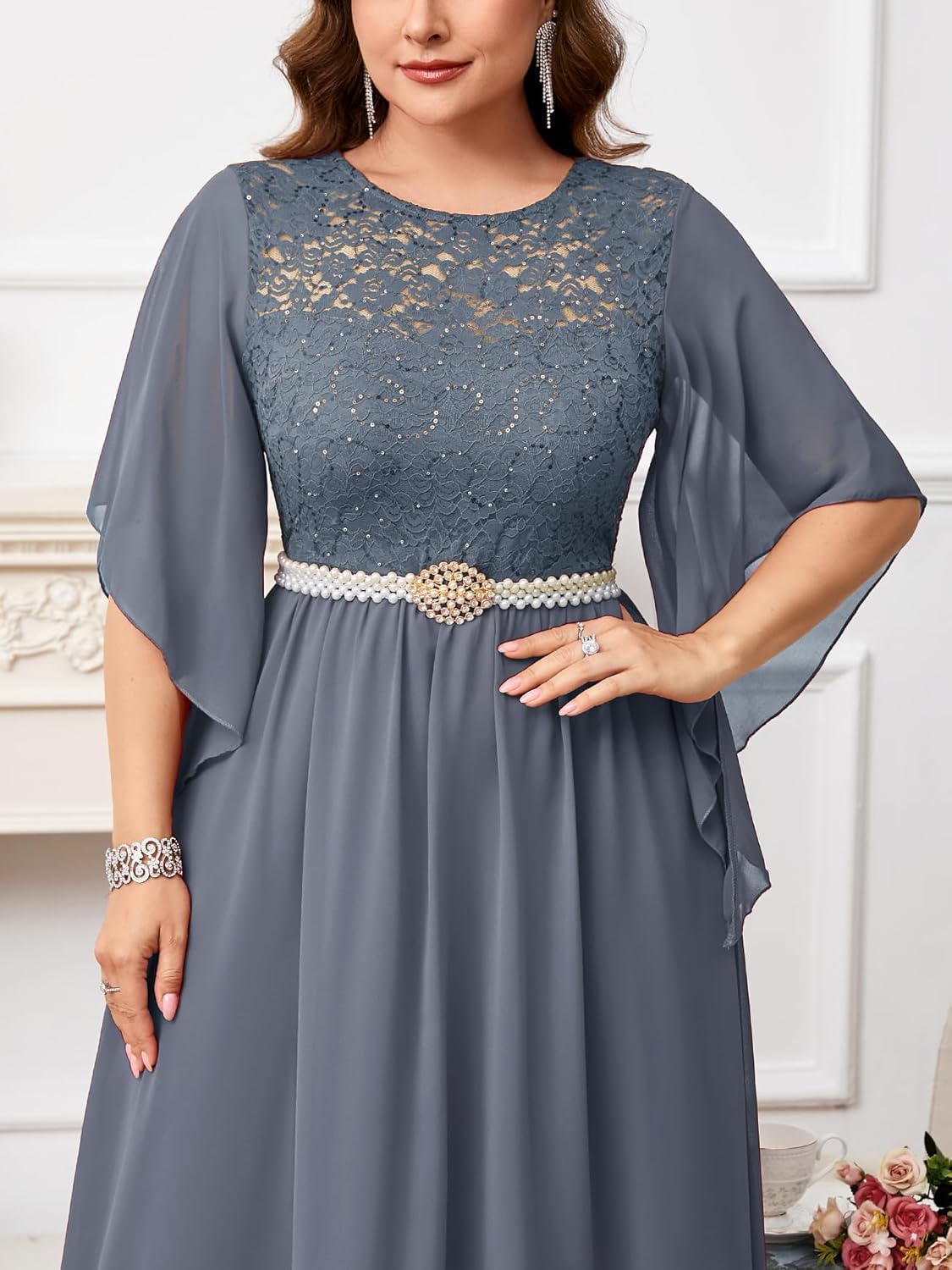 ZOMVA Plus Size 0X-4X Formal Dress Sequin Lace Chiffon A-line Maxi Dress Handkerchief Sleeve Evening Wedding Guest Prom Gown - Image 2