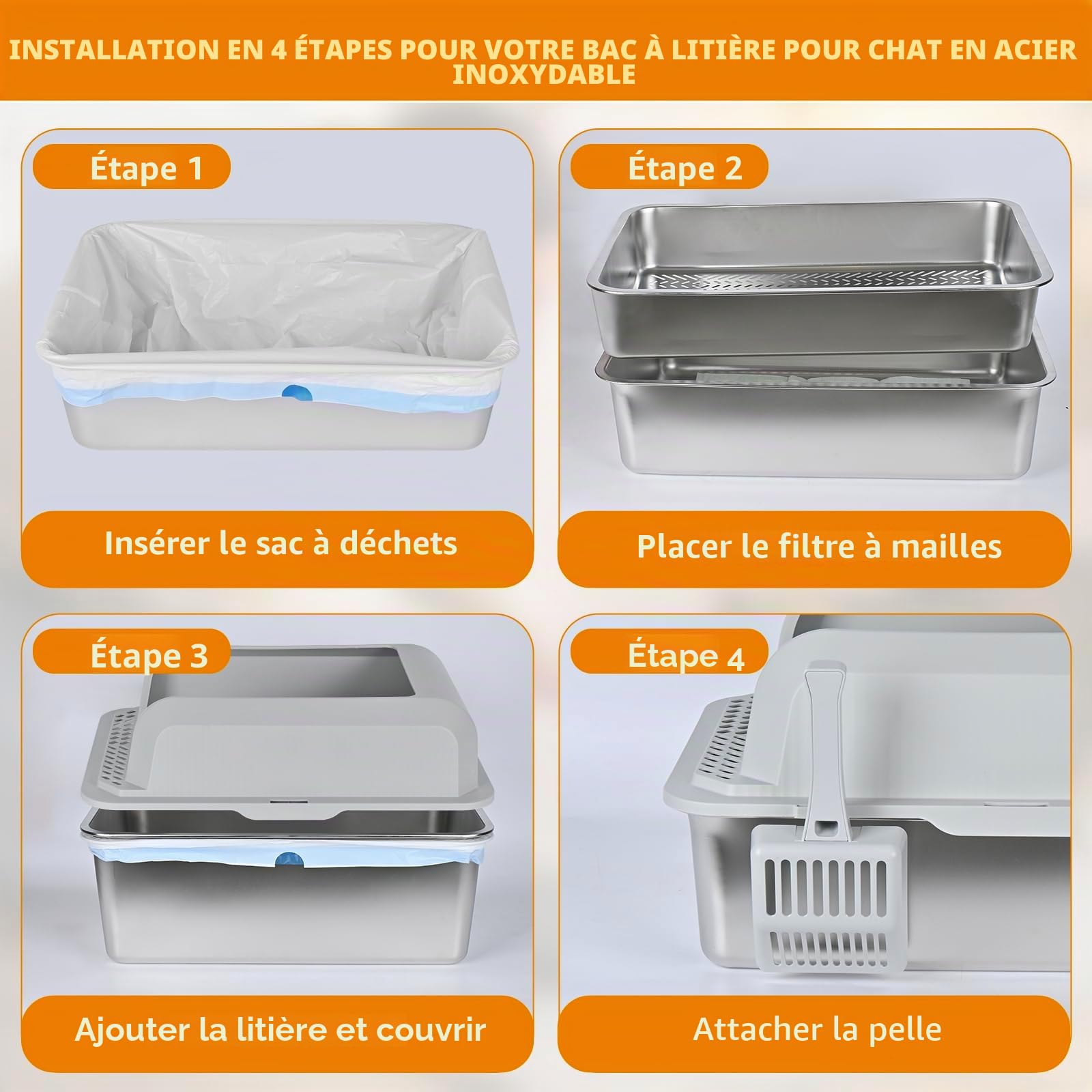 Homegroove Bac à litière en acier inoxydable pour granulés de pin, 23,6 x 15,7 x 14 pouces XXL bac à litière en métal avec couvercle pour chat intérieur tamis à granulés bac à litière avec pelle en